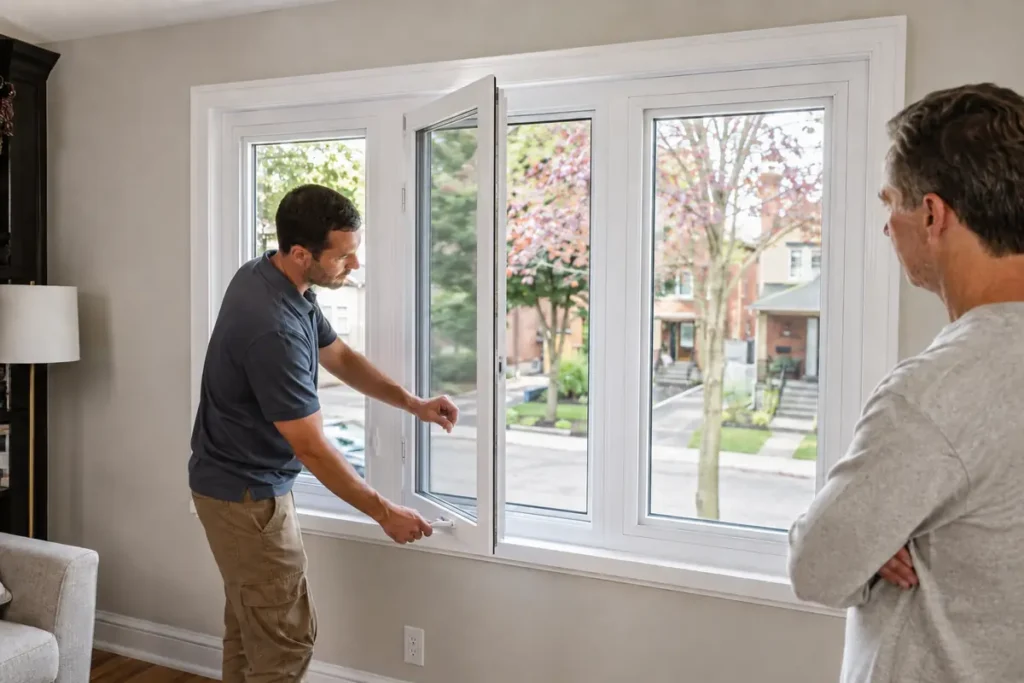 Installer demonstrating a new casement window during the final homeowner walkthrough