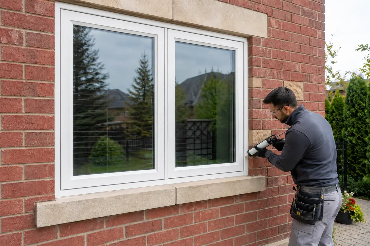 Installer sealing a white replacement window on a Markham brick home