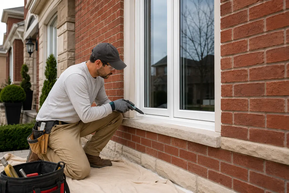 Installer sealing a white replacement window on a Vaughan brick home