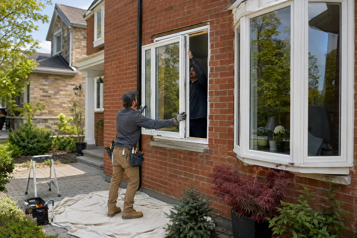 Professional window installers replacing a vinyl window in a Toronto brick home