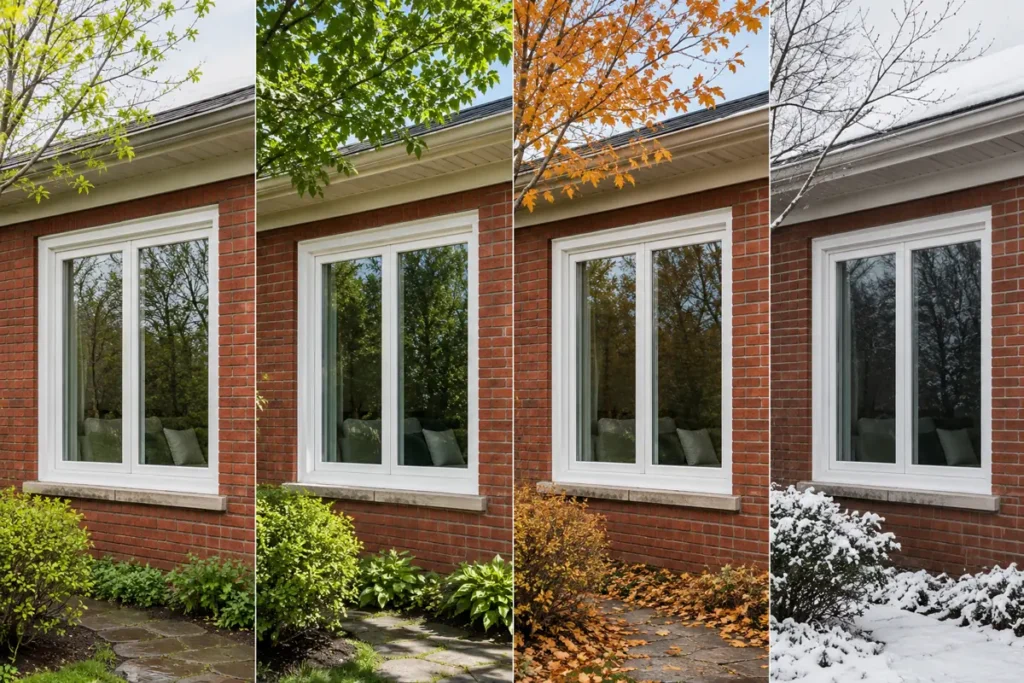 The same Toronto brick home and replacement window shown during spring, summer, fall and winter