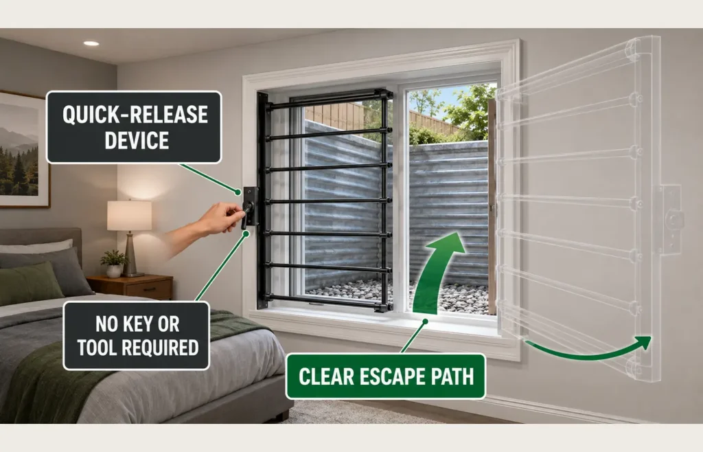 Quick-release window security bars preserving emergency escape