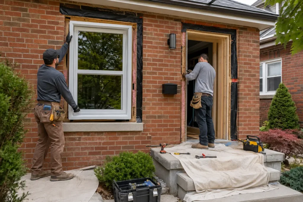 Installers completing a coordinated window and front door replacement on a Toronto brick home