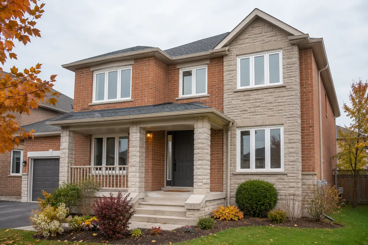 Brampton brick home with new white replacement windows and a charcoal entry door