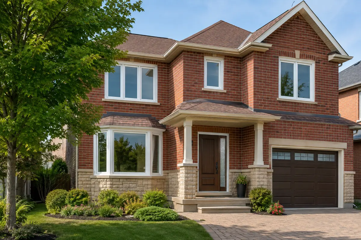 Markham brick home with new white windows and a woodgrain entry door