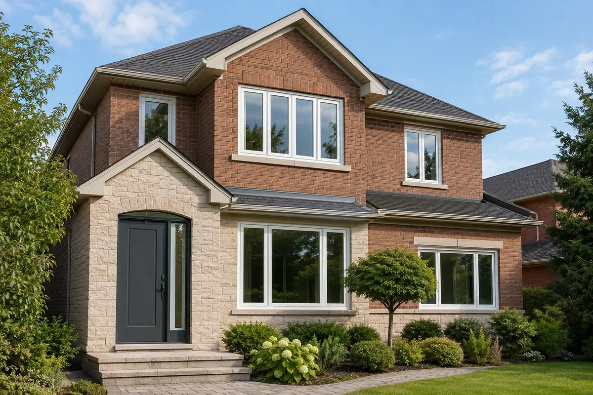 Vaughan brick and stone home with new white windows and a dark entry door