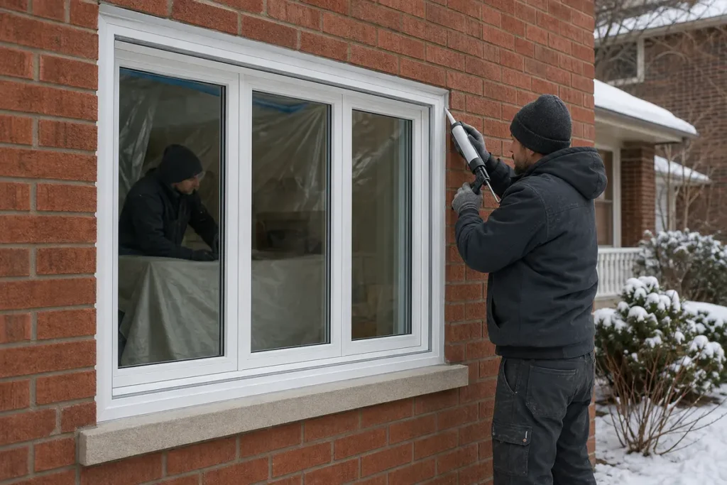 Installer sealing a replacement window on a Toronto brick home during winter