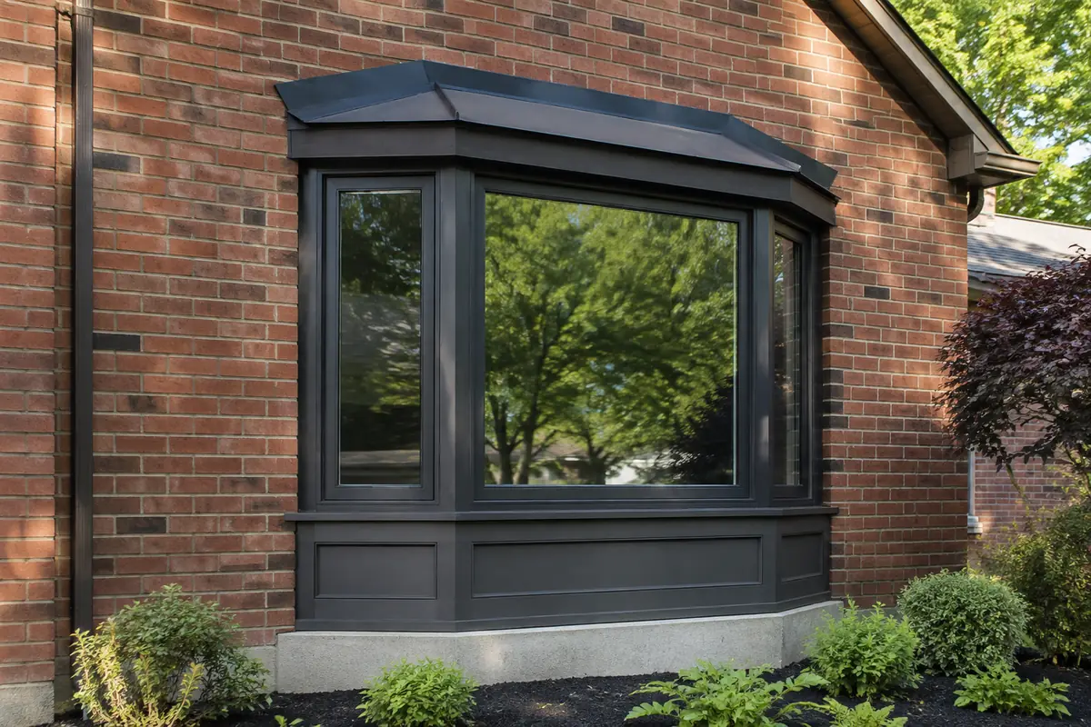Black three-section bay window installed on an established Aurora brick home