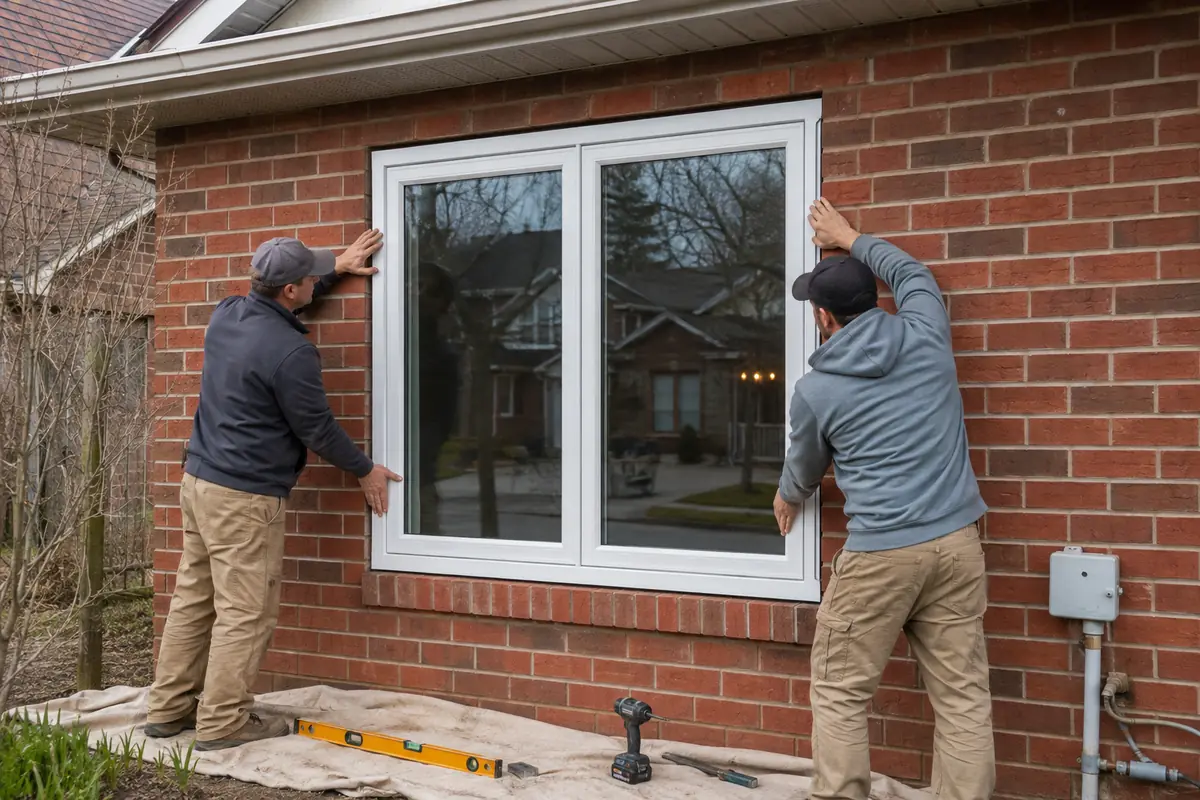 Installers fitting a white replacement window into a Newmarket brick home
