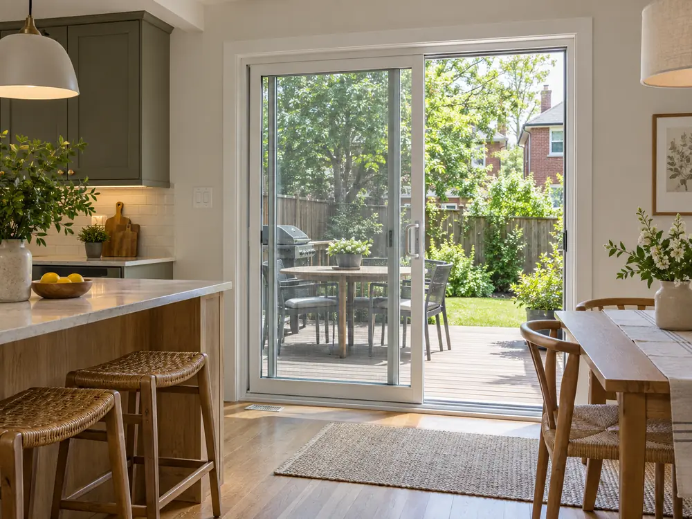 Energy-efficient sliding patio door in a bright Toronto kitchen