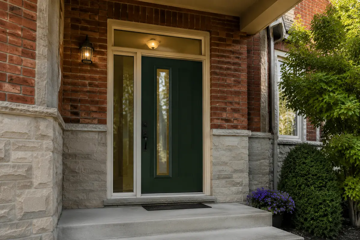Green fiberglass entry door with a sidelight and transom on an Aurora brick home