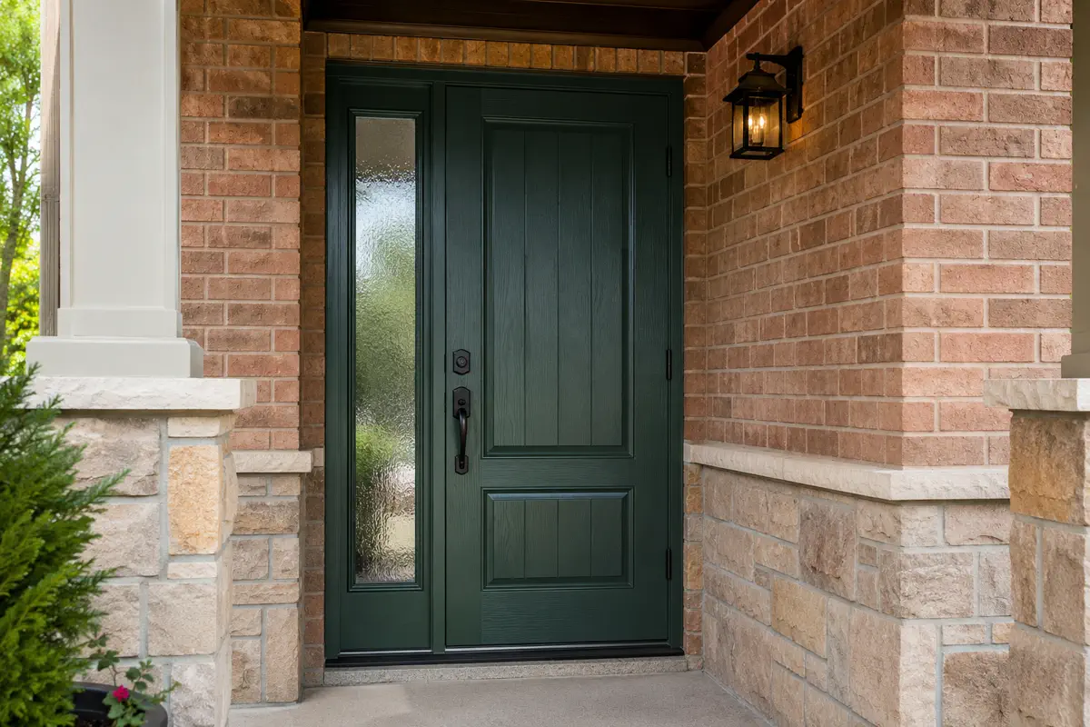 Forest-green fiberglass entry door with privacy-glass sidelight on a Caledon brick and stone home