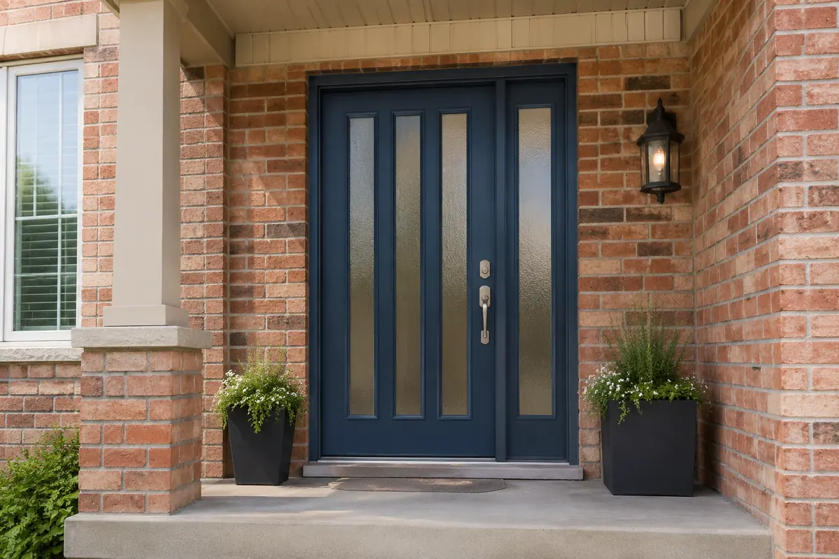 Dark blue fiberglass entry door with privacy glass and a sidelight on a Milton brick home