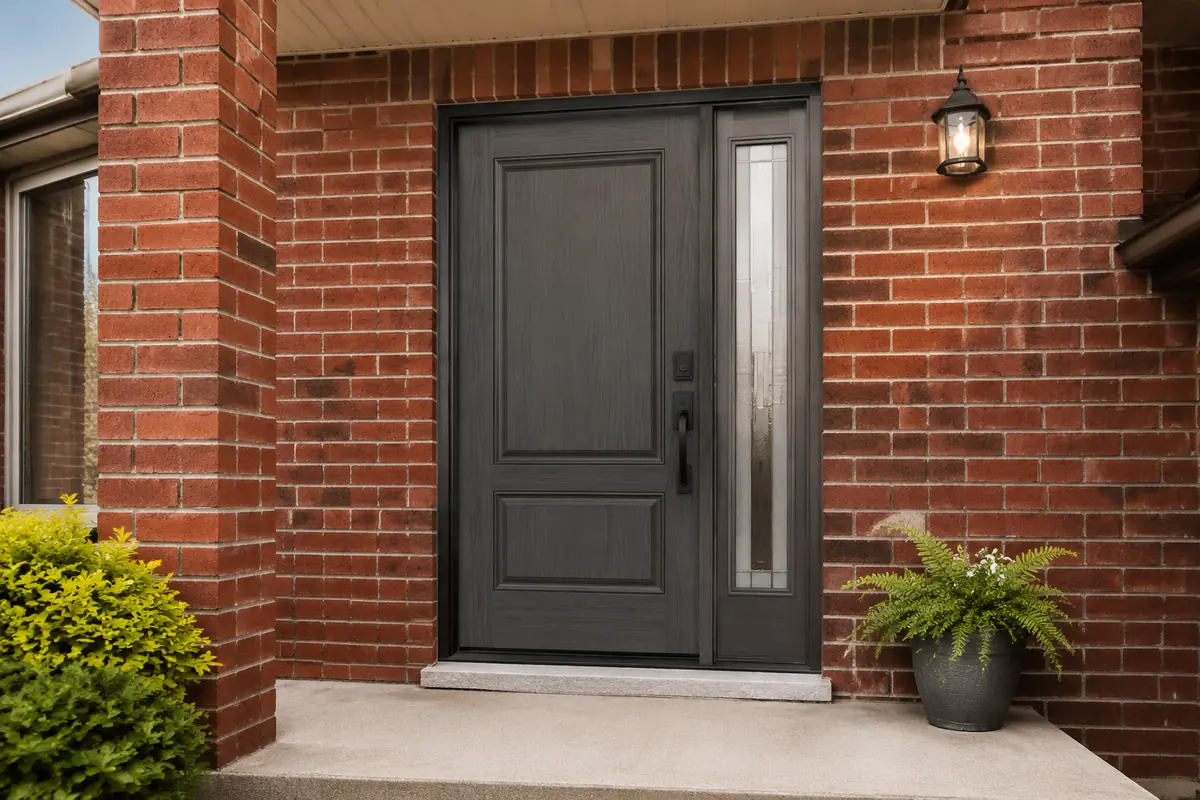 Dark fiberglass entry door with a sidelight on a red-brick Newmarket home