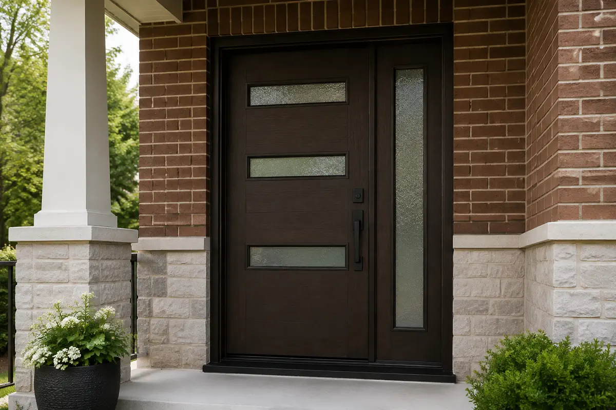 Dark woodgrain fiberglass entry door with privacy glass and a sidelight on a Richmond Hill home