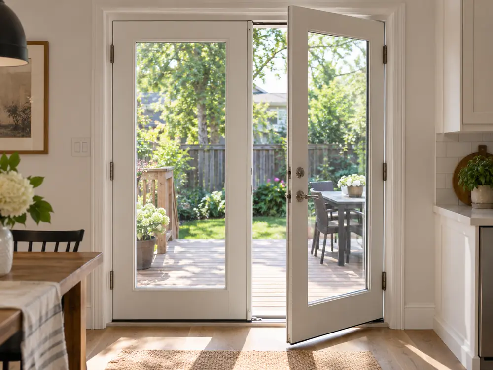 White French patio doors opening to a Toronto backyard