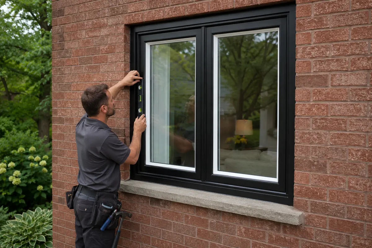 Installer checking a black replacement window in an Aurora red-brick home