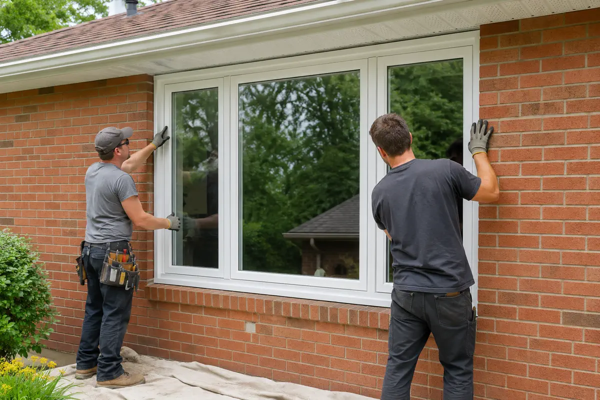 Installers positioning a white full-frame replacement window in a Caledon brick home