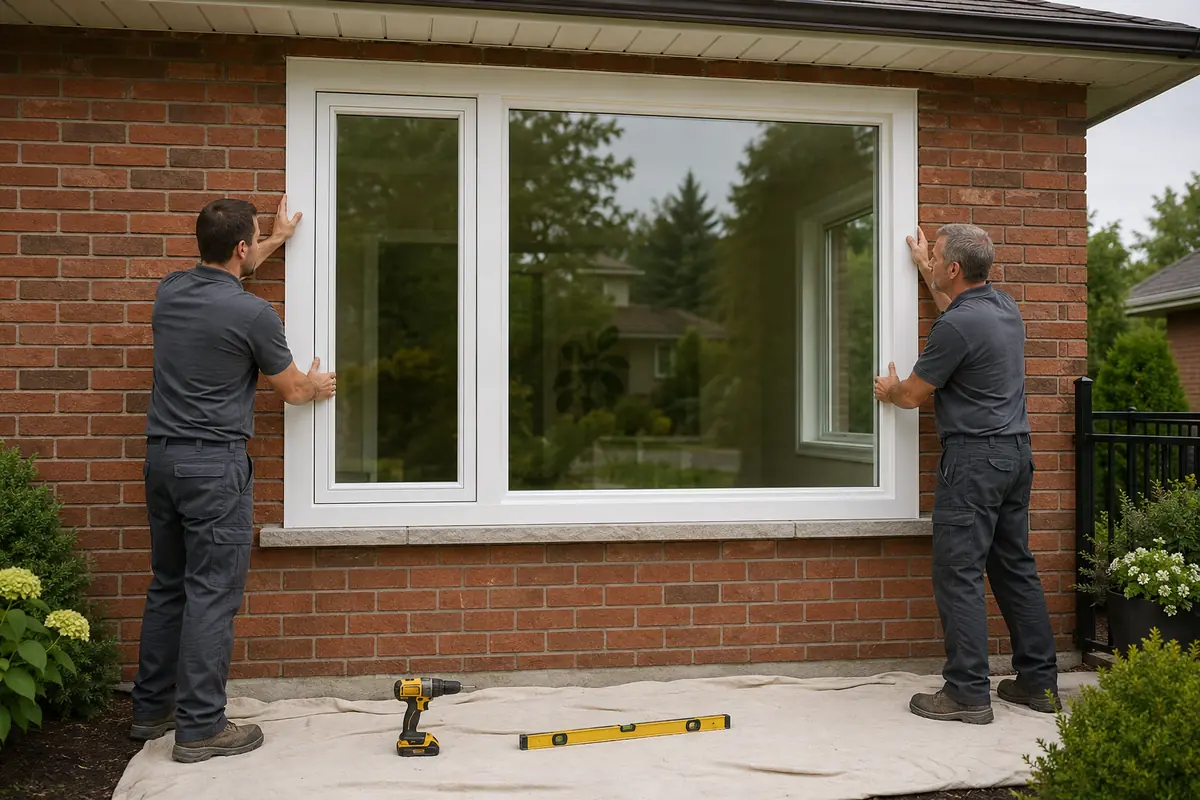 Two installers fitting a white full-frame replacement window into a Milton brick home