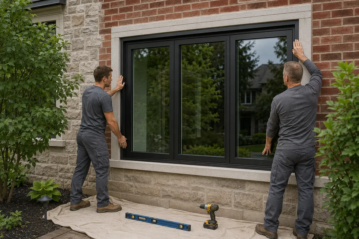 Installers fitting a black full-frame replacement window into an Oakville brick-and-stone home