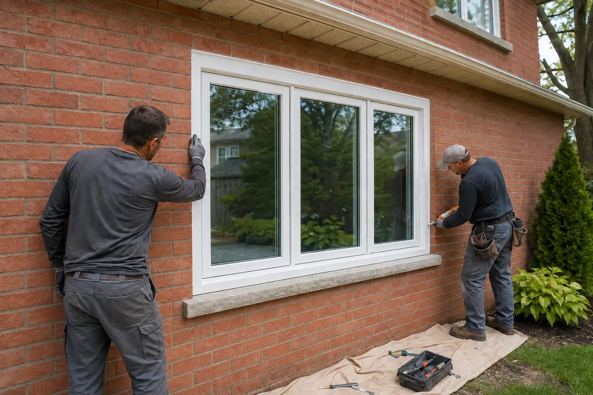 Installers sealing a white full-frame replacement window in a Richmond Hill brick home