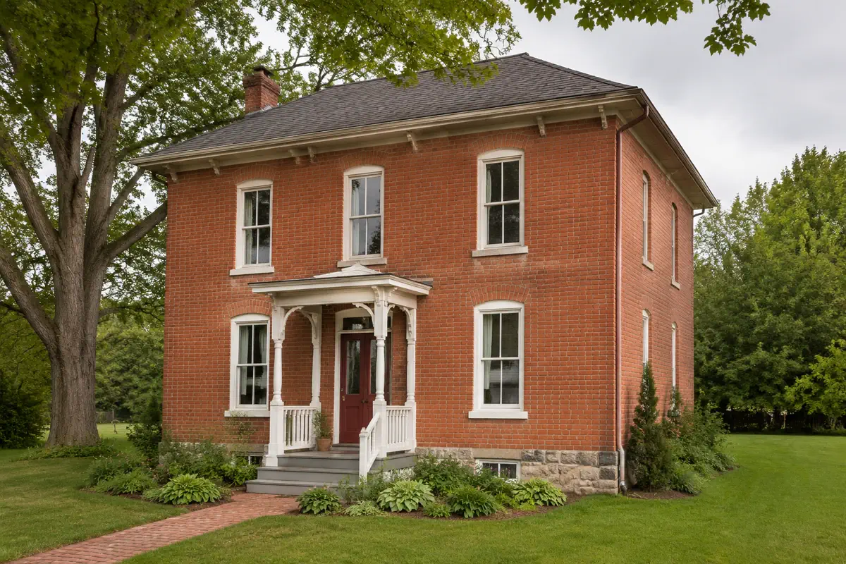 Traditional red-brick Caledon house with tall white windows and a period-style entrance