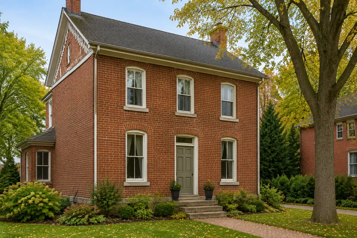 Traditional red brick Downtown Milton home with tall white windows and a paneled entry door