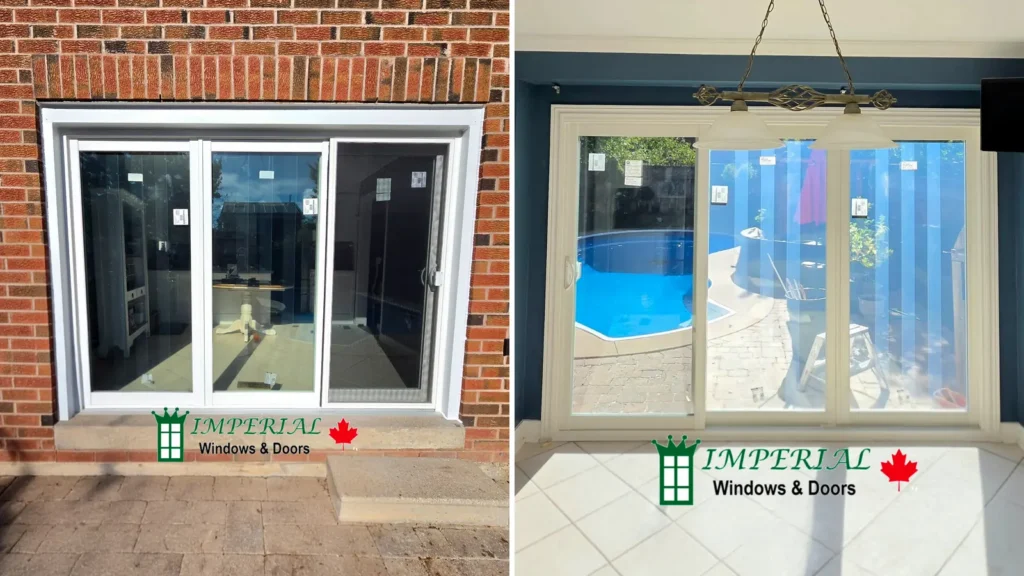 Exterior and interior views of a white sliding patio door installed by Imperial Windows & Doors