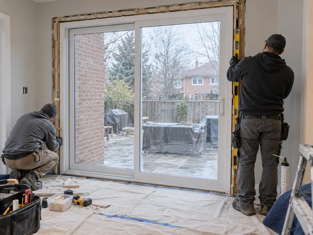 Installers levelling a replacement patio door in a Toronto home