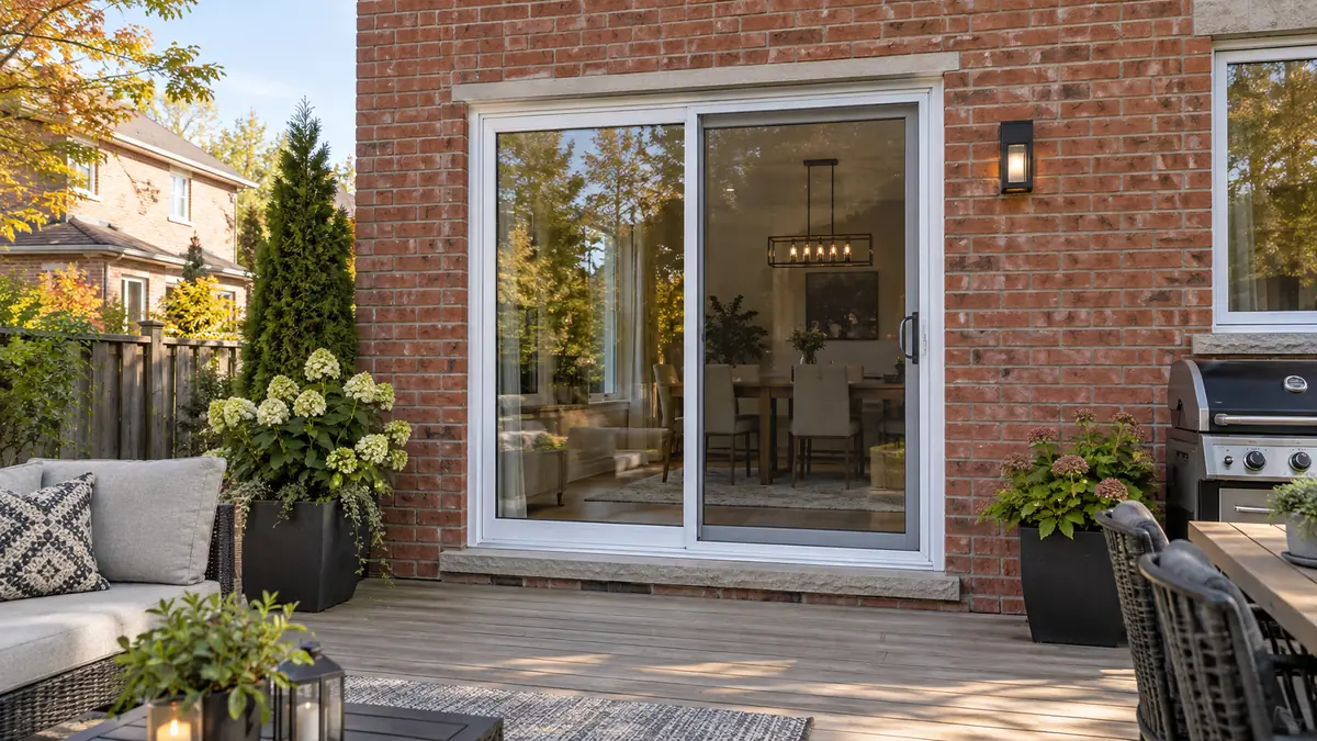 White sliding patio door installed in a Toronto brick home