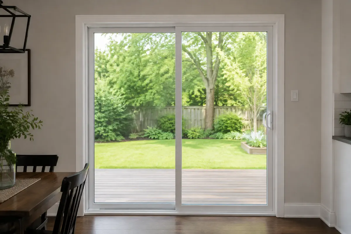 White two-panel sliding patio door opening from a Caledon dining room to a green backyard