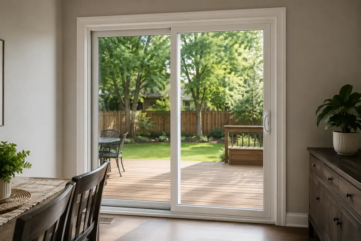 White sliding patio door opening from a Newmarket dining room to a backyard deck