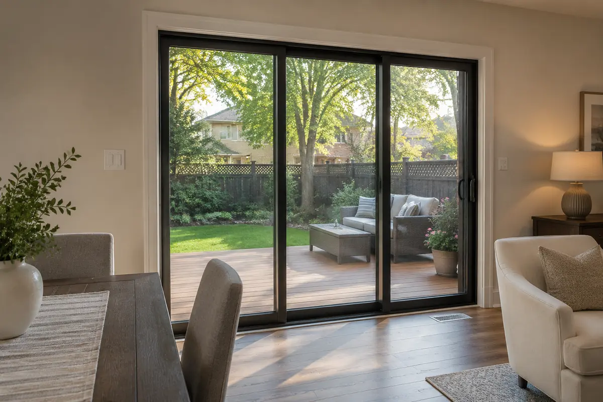 Three-panel sliding patio door opening from an Oakville home to a landscaped backyard