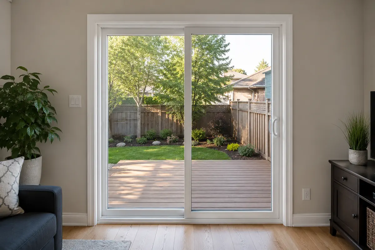 White two-panel sliding patio door opening from a Richmond Hill family room to a landscaped backyard