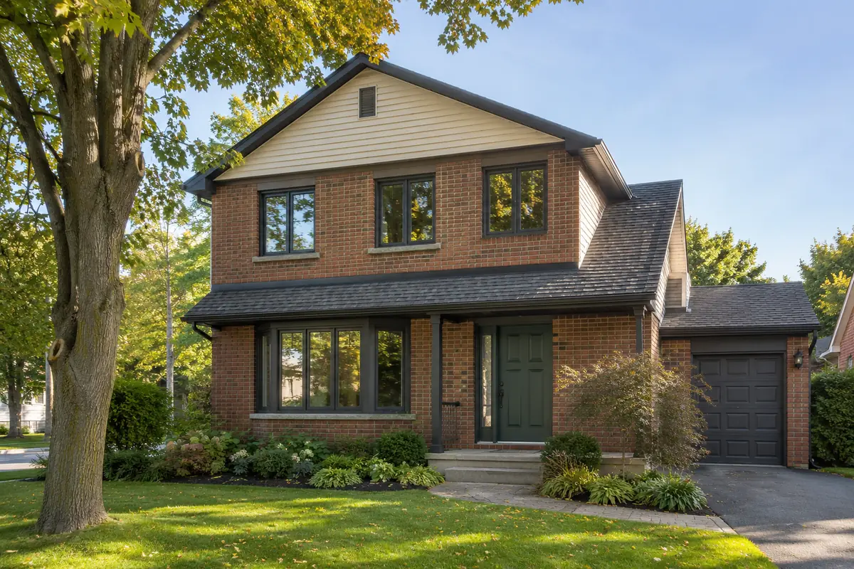 Established Aurora brick home with black replacement windows and a green entry door