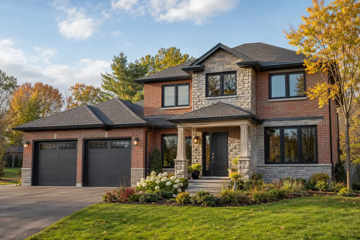 Caledon brick and stone home with black replacement windows and a coordinated dark entry door