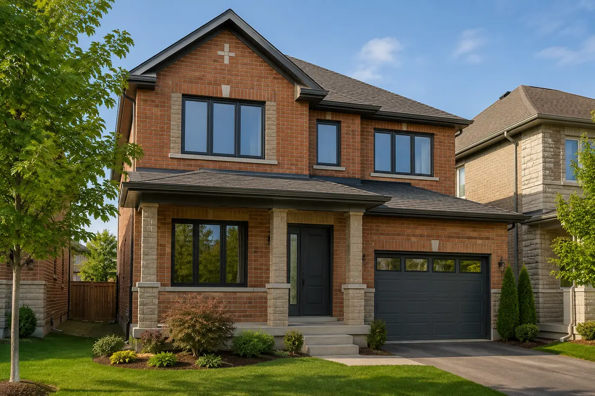 Milton brick home with black replacement windows and a coordinated dark entry door