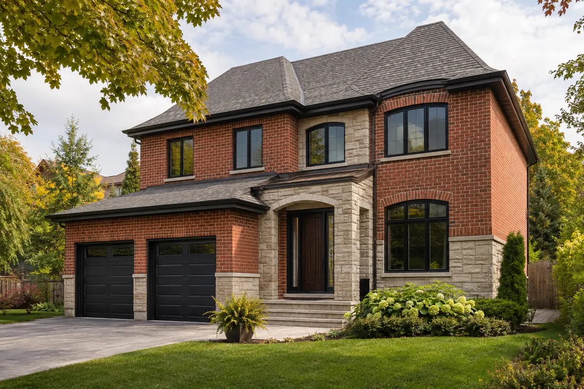 Oakville brick and stone home with black replacement windows and a dark fiberglass entry door