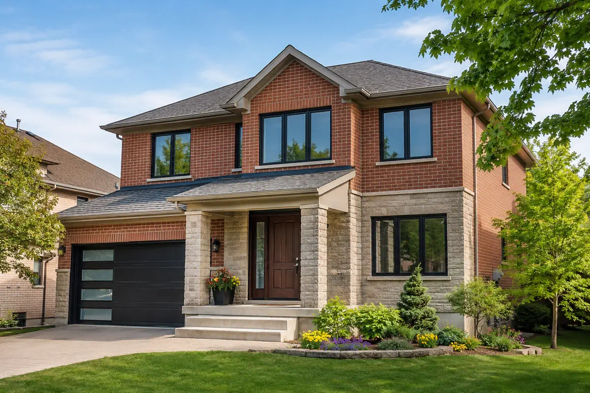 Richmond Hill brick and stone home with black replacement windows and a dark woodgrain entry door