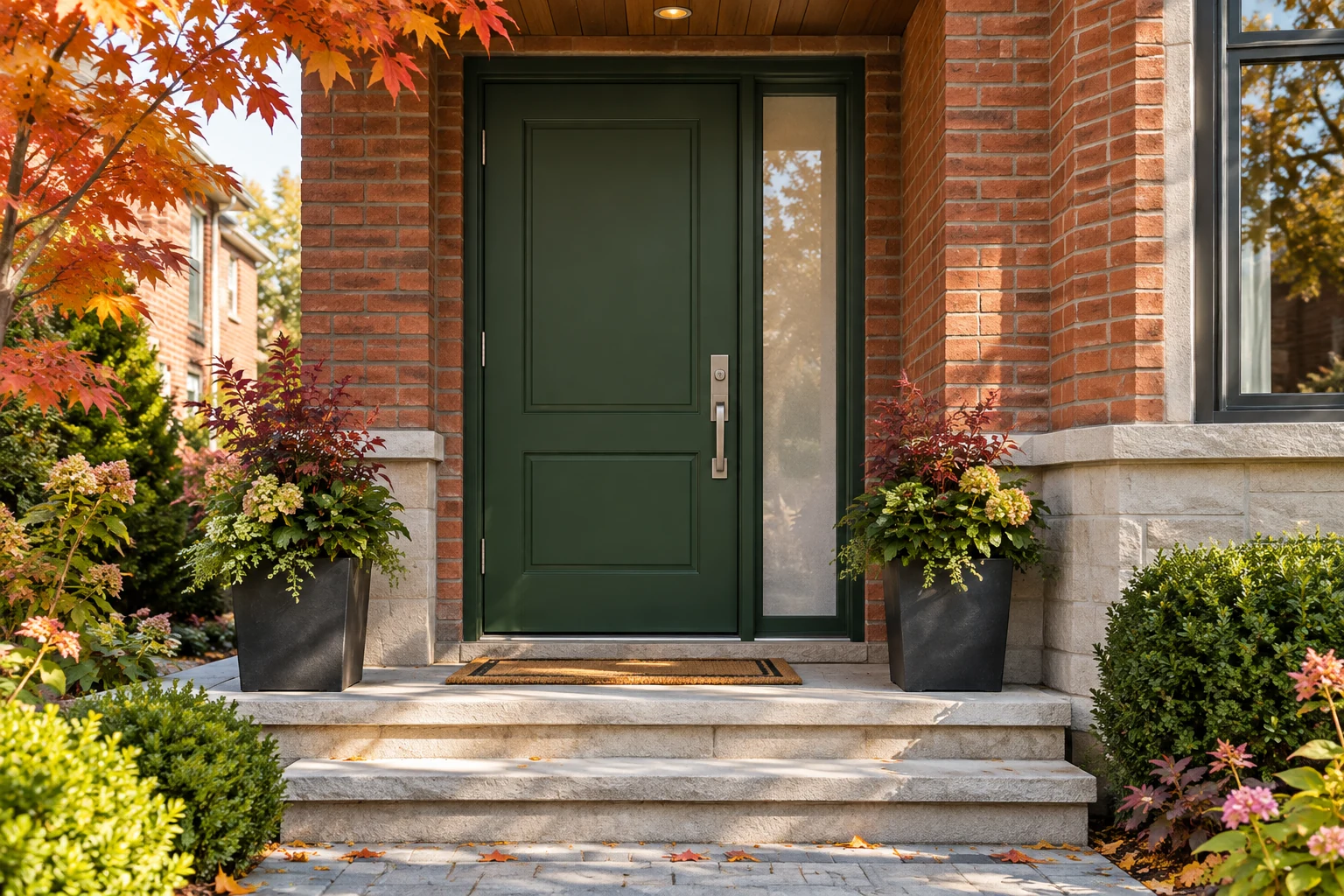 AI design illustration of a green entry door with a frosted sidelight on a Toronto-style brick home