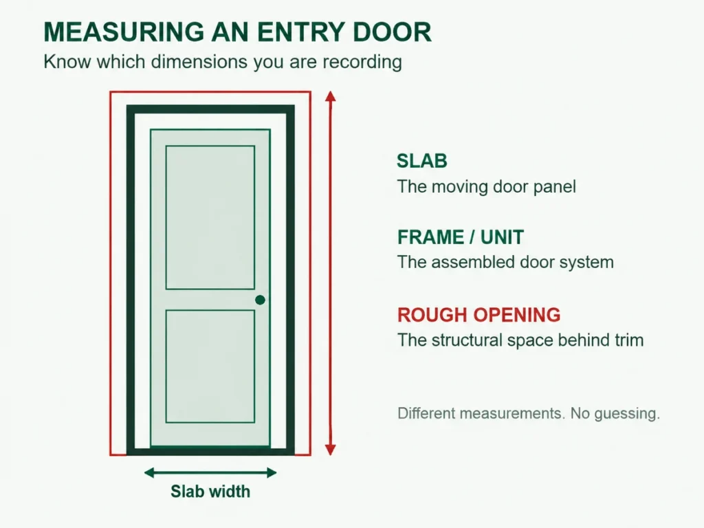 Entry-door measuring diagram distinguishing the door slab, assembled frame and rough opening