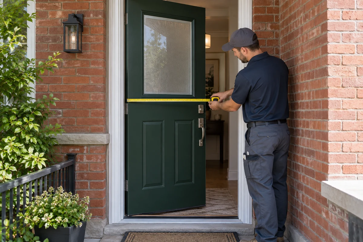 Installer measuring the width of an open green entry door in a brick home