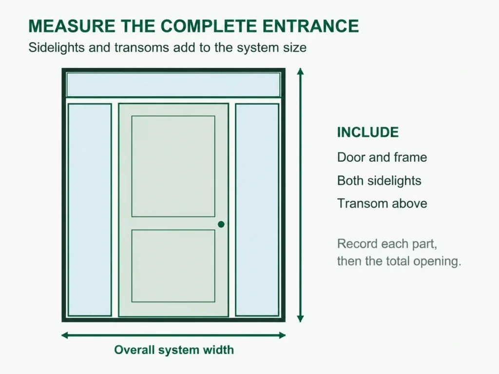 Diagram showing the overall width and height of an entry door with two sidelights and a transom