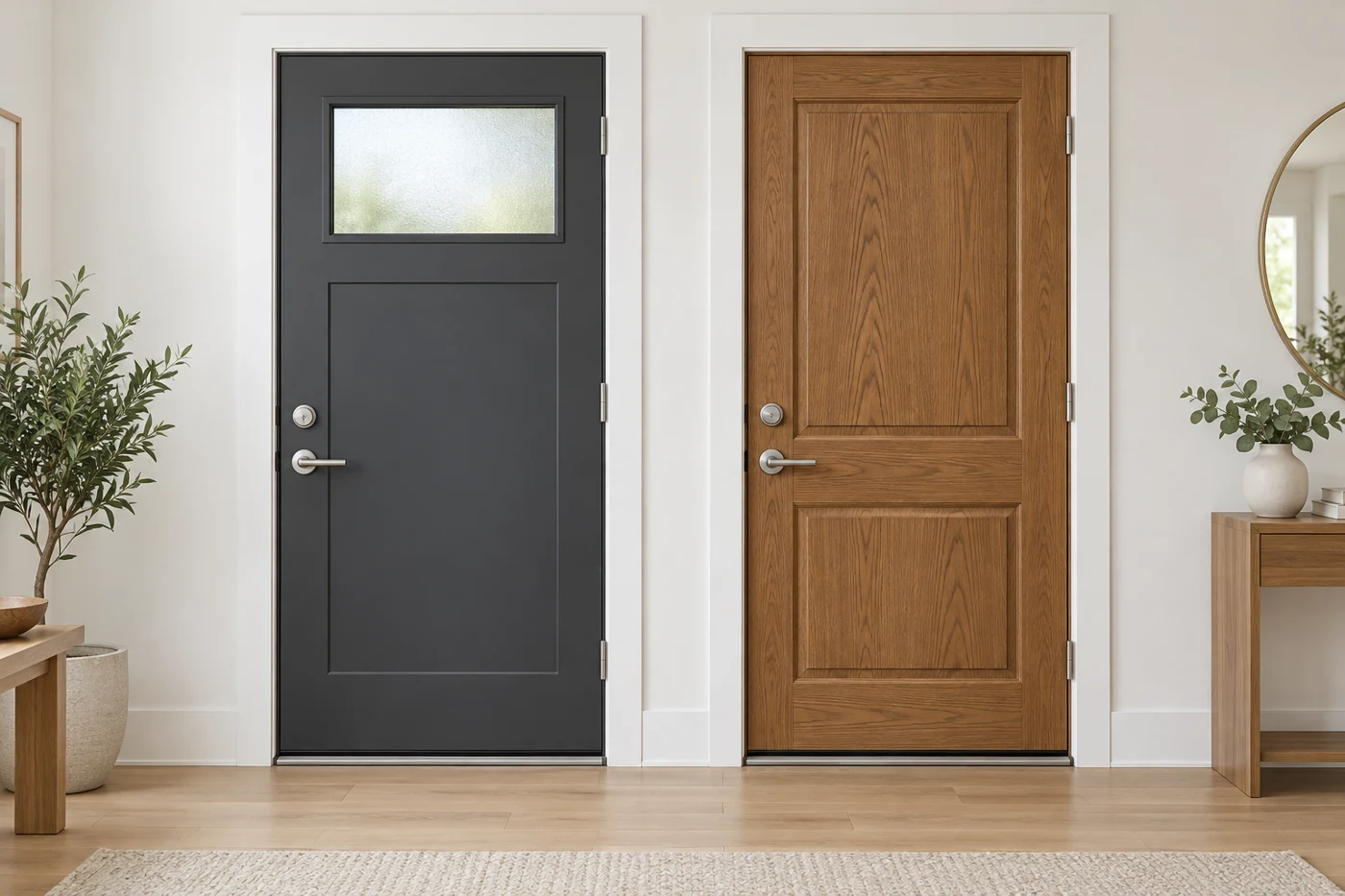 AI design illustration comparing a charcoal door with frosted glass and an oak woodgrain door